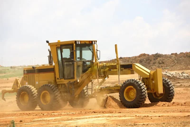 Motor grader machine leveling road dirt